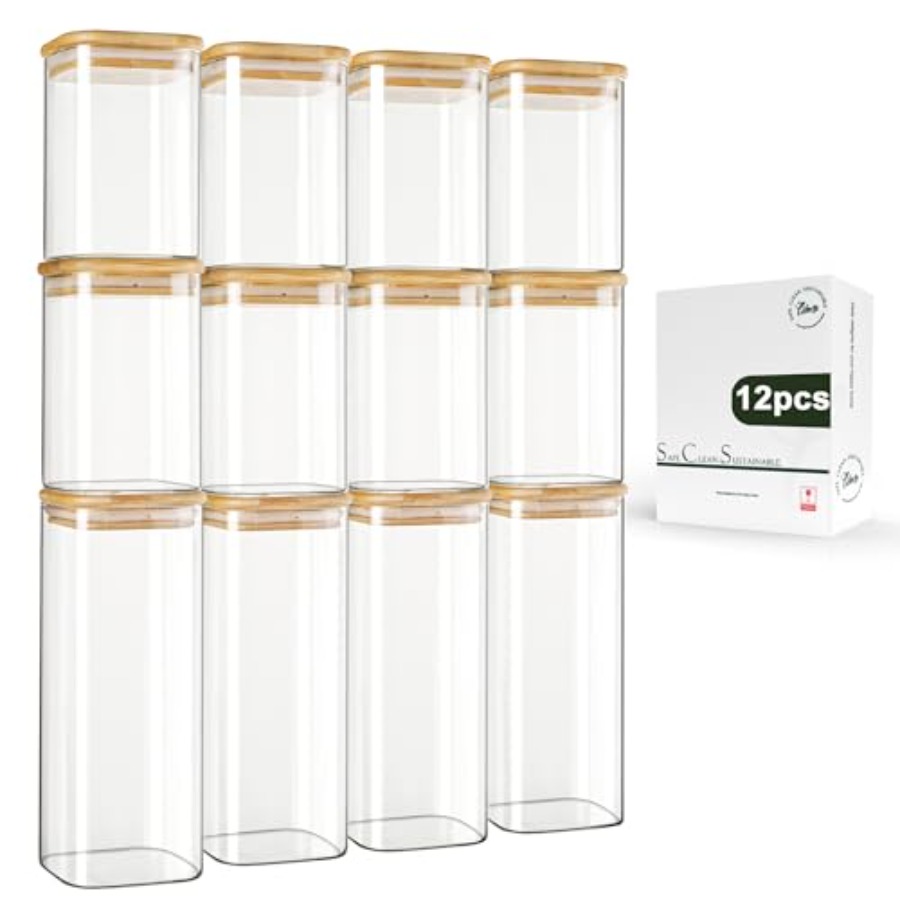 Food Storage Containers Glass - 12-Pack Square Glass Storage Jars with